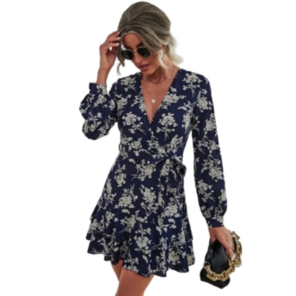 🌿SHEIN Unity Floral Print Two Layer Hem Belted Dress🌿